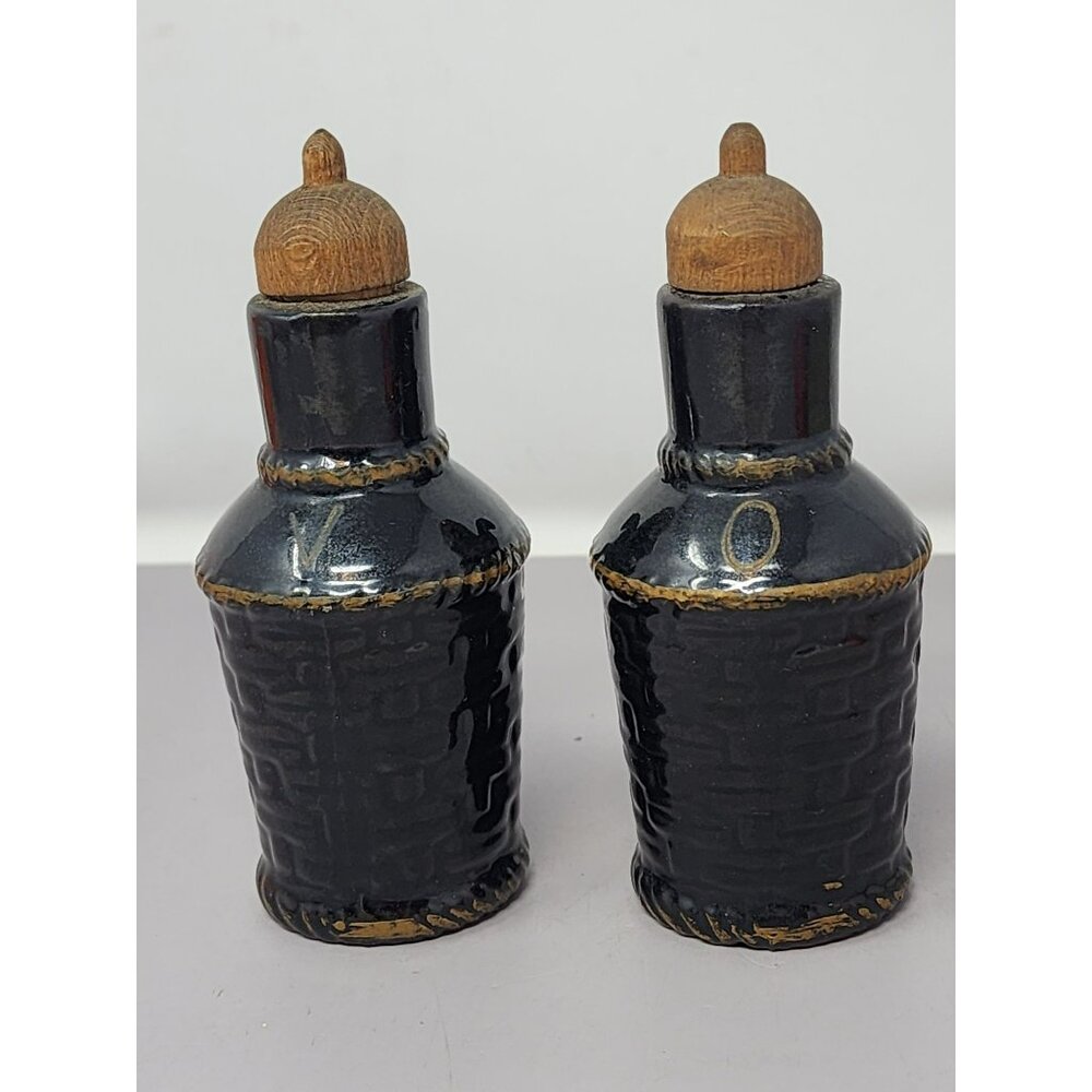 Vintage Black Ceramic Oil & Vinegar Cruet Set With Cork Stoppers Retro MCM Decor
